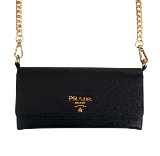 Pre-Owned  PRADA Black Saffiano Leather Wallet with Chain Crossbody Bag