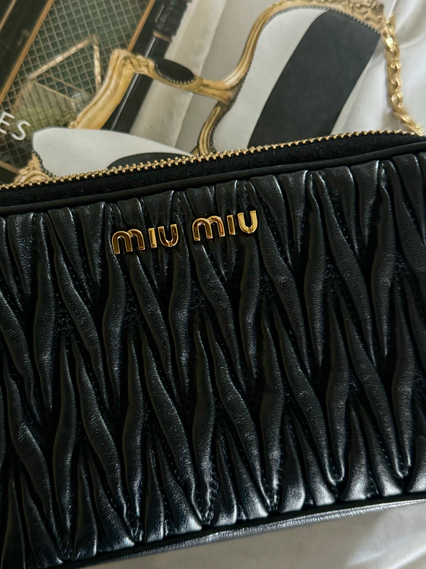 Pre-Owned MIU MIU Matelasse Leather Gather Chain Shoulder Bag Black