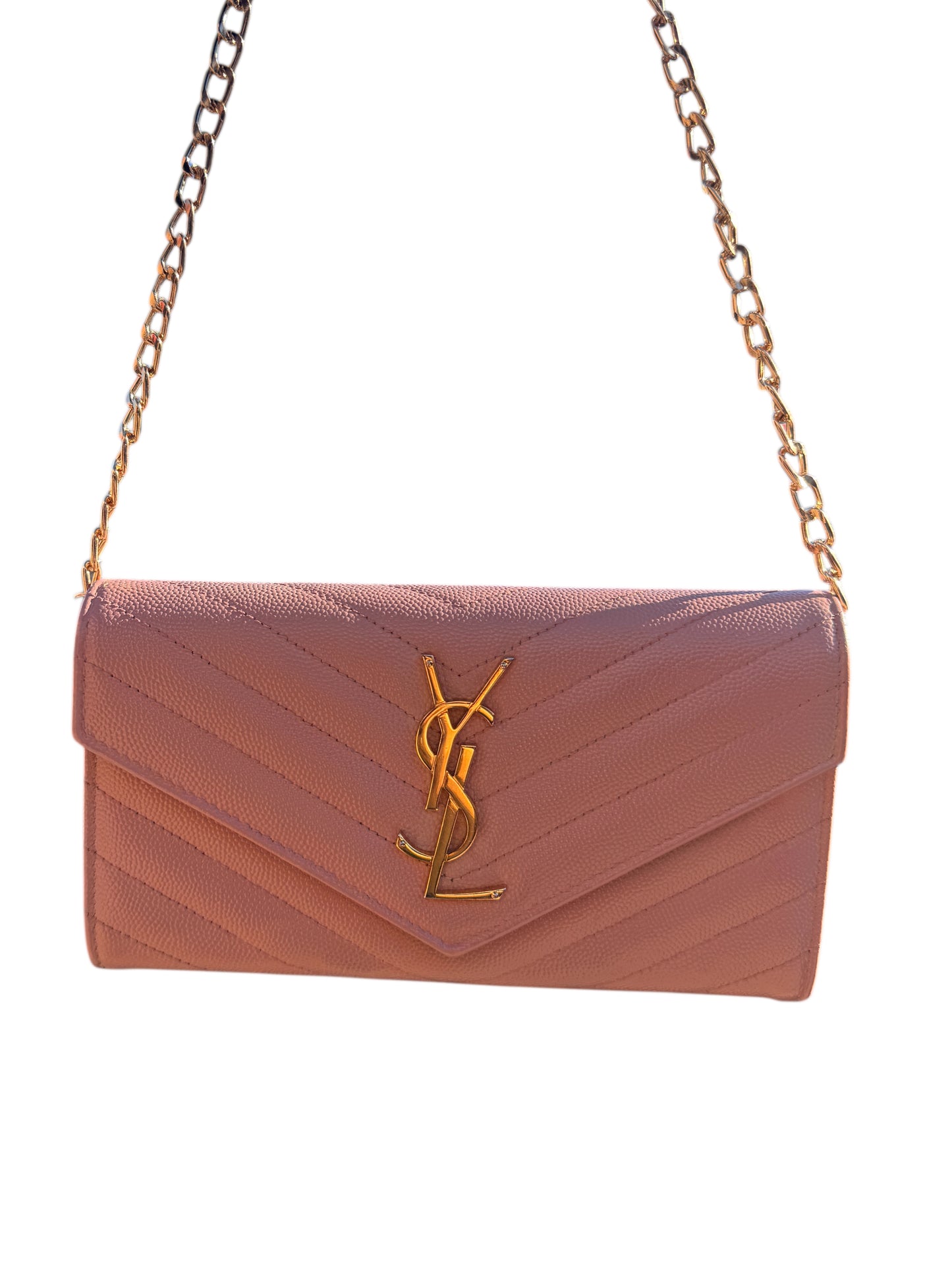 Pre-Owned  Yves Saint Laurent Grain de Poudre Leather Flap Wallet Crossbody Bag-Pink Beige