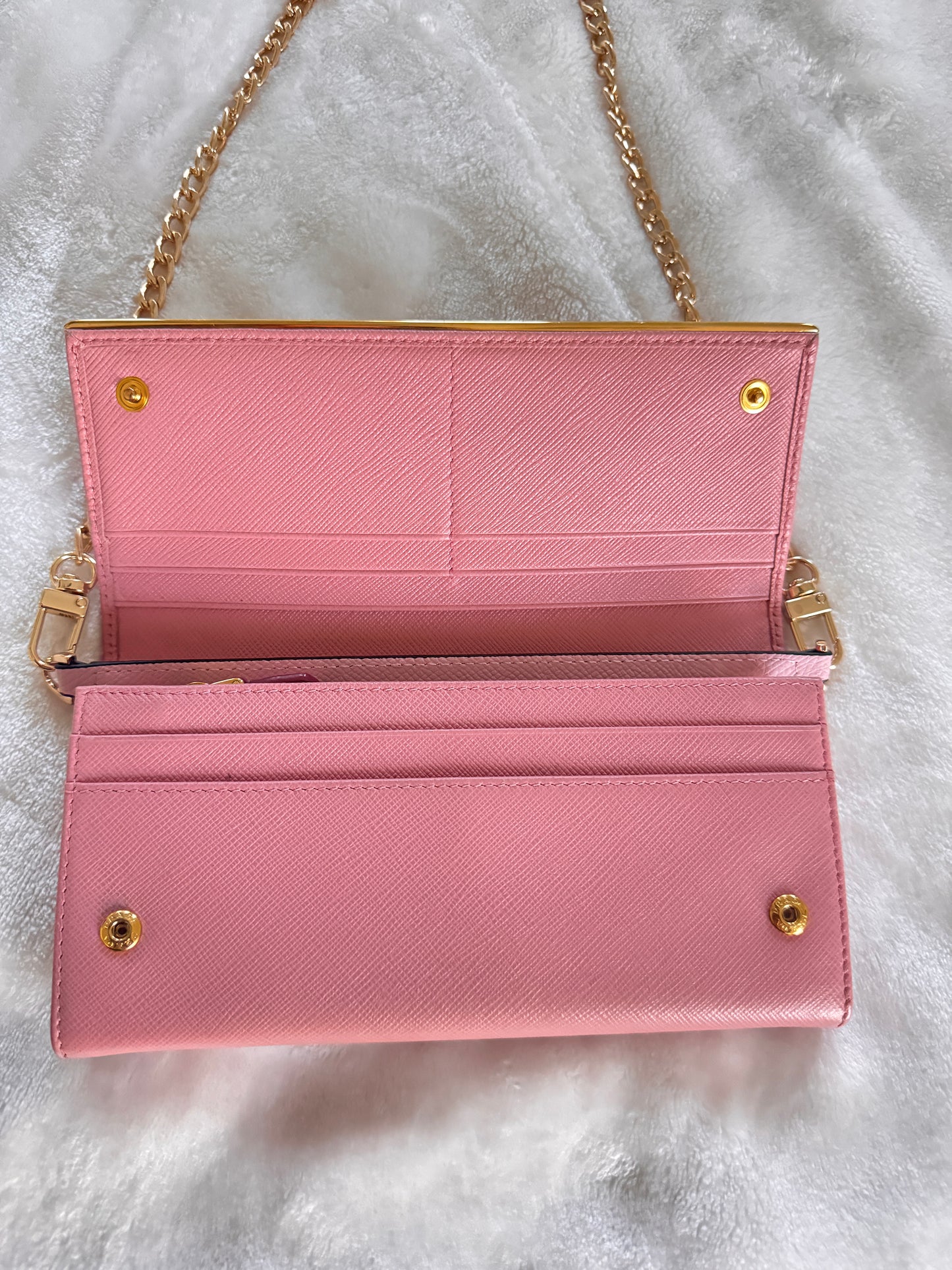Pre-Owned Prada Saffiano Line Gold Logo Wallet On Chain Crossbody Bag
