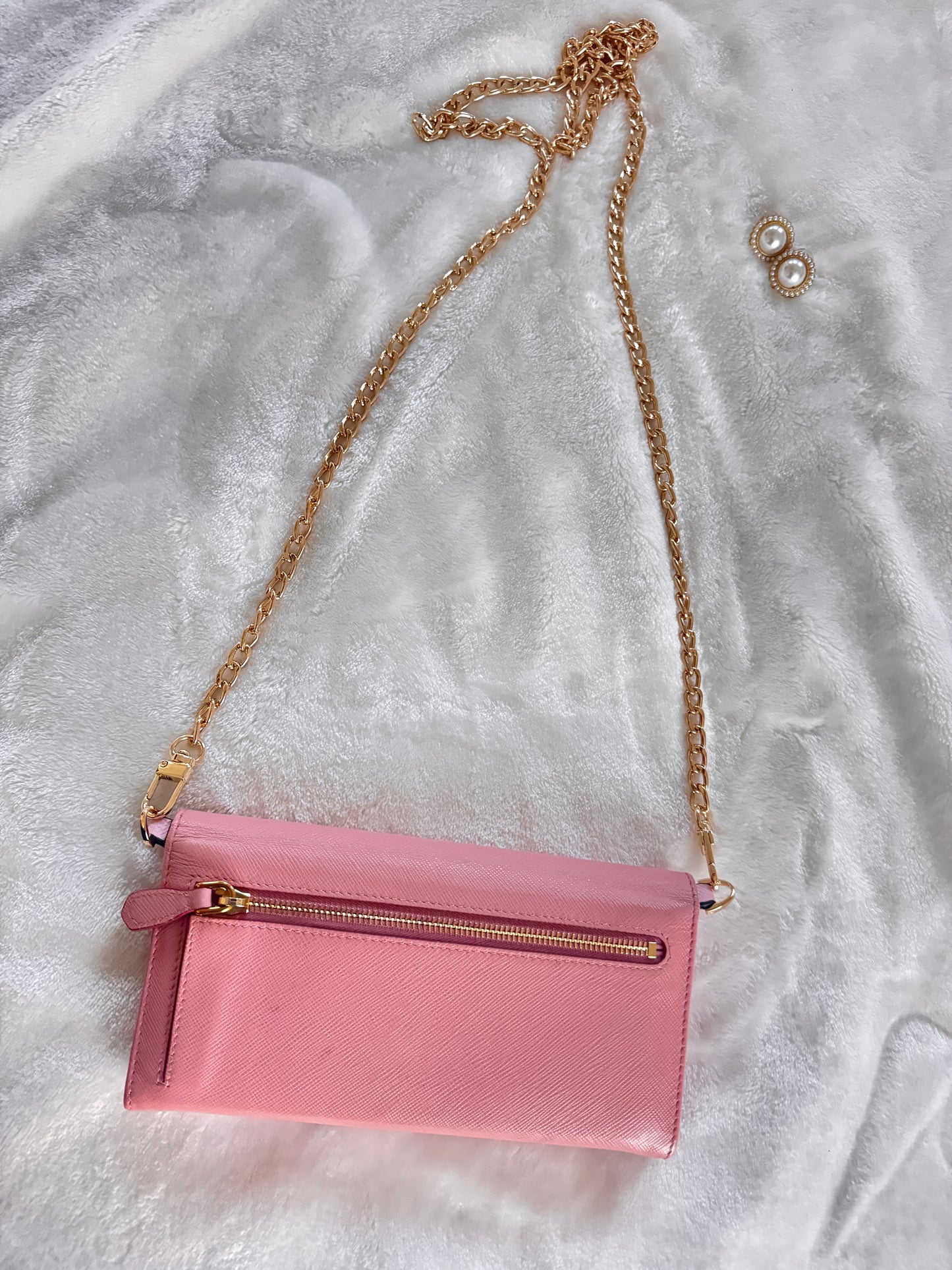 Pre-Owned Prada Saffiano Line Gold Logo Wallet On Chain Crossbody Bag