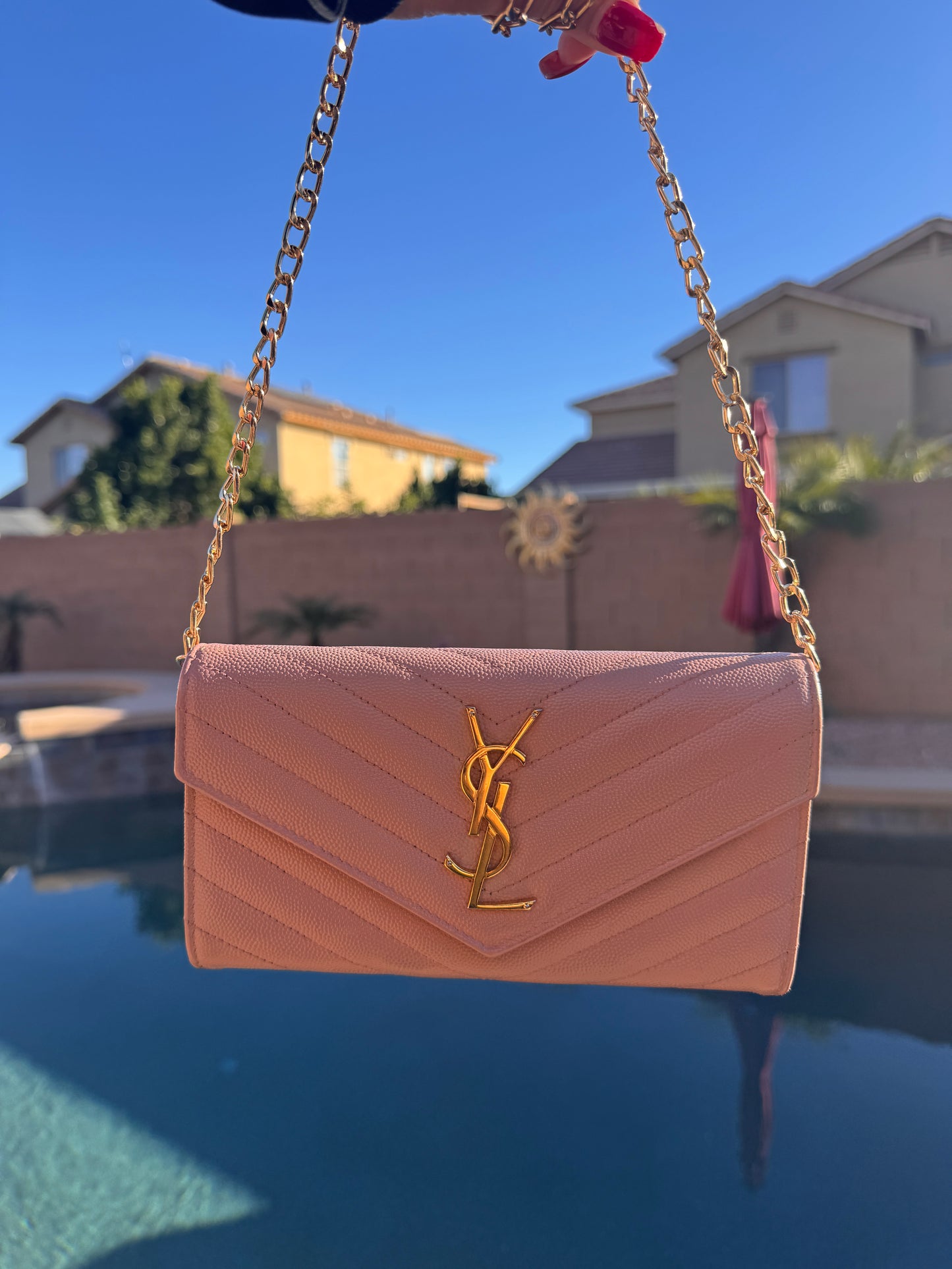 Pre-Owned  Yves Saint Laurent Grain de Poudre Leather Flap Wallet Crossbody Bag-Pink Beige