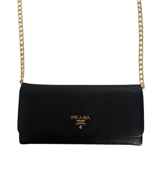 Pre-Owned  PRADA Black Saffiano Leather Wallet with Chain