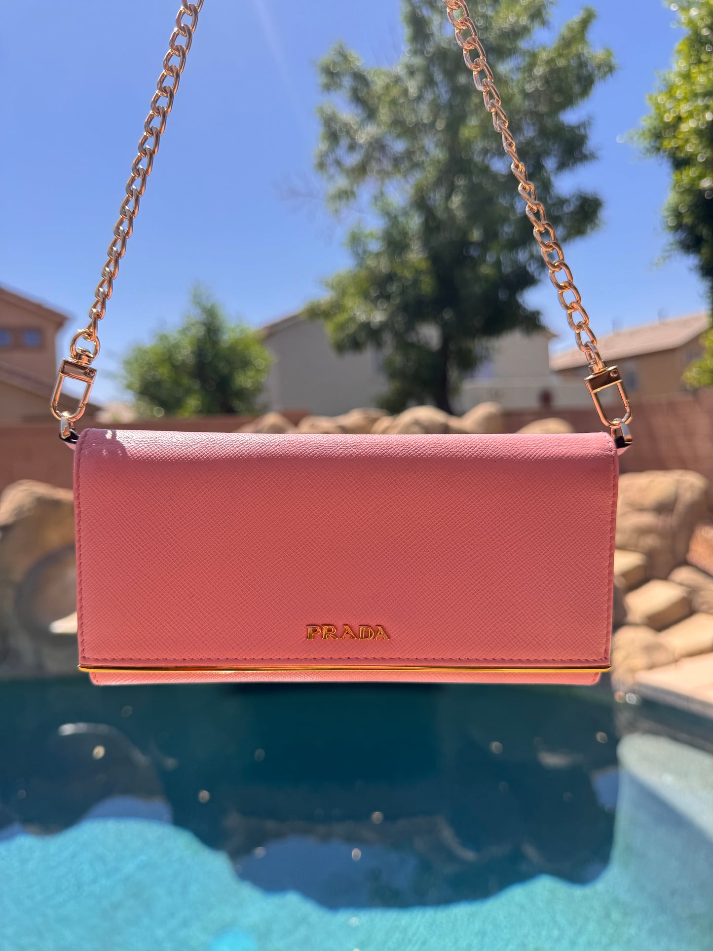Pre-Owned Prada Saffiano Line Gold Logo Wallet On Chain Crossbody Bag