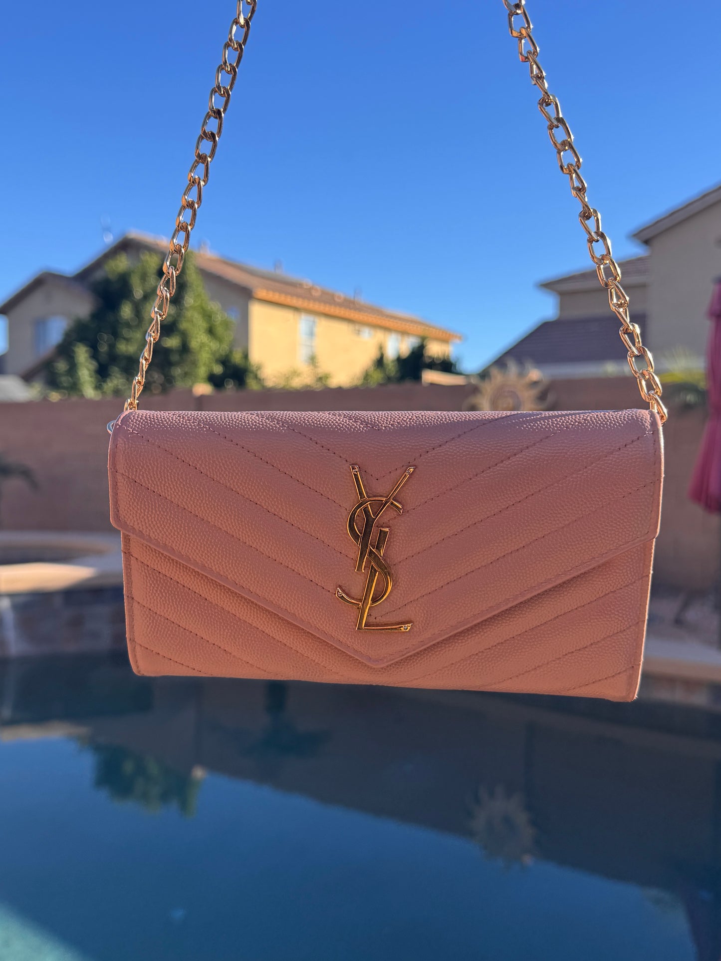 Pre-Owned  Yves Saint Laurent Grain de Poudre Leather Flap Wallet Crossbody Bag-Pink Beige