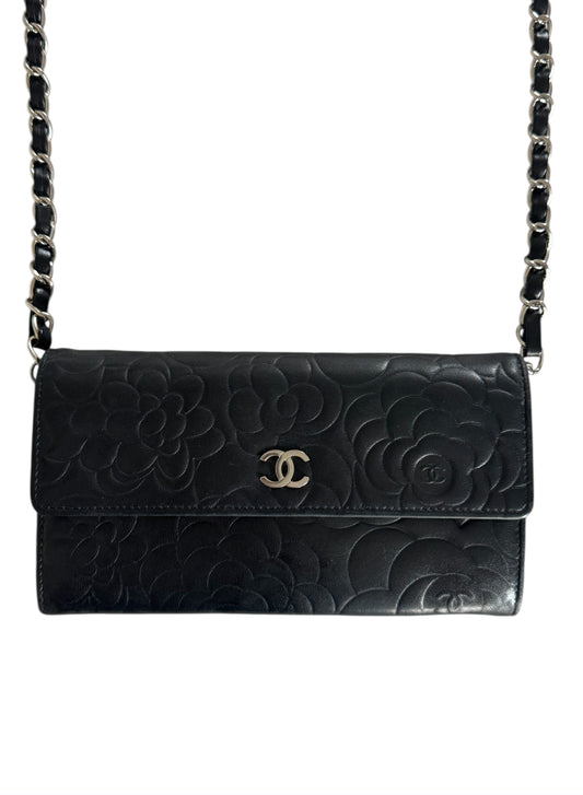 Pre-Owned CHANEL Lambskin Camellia Embossed Large Flap Wallet On Chain Crossbody Bag
