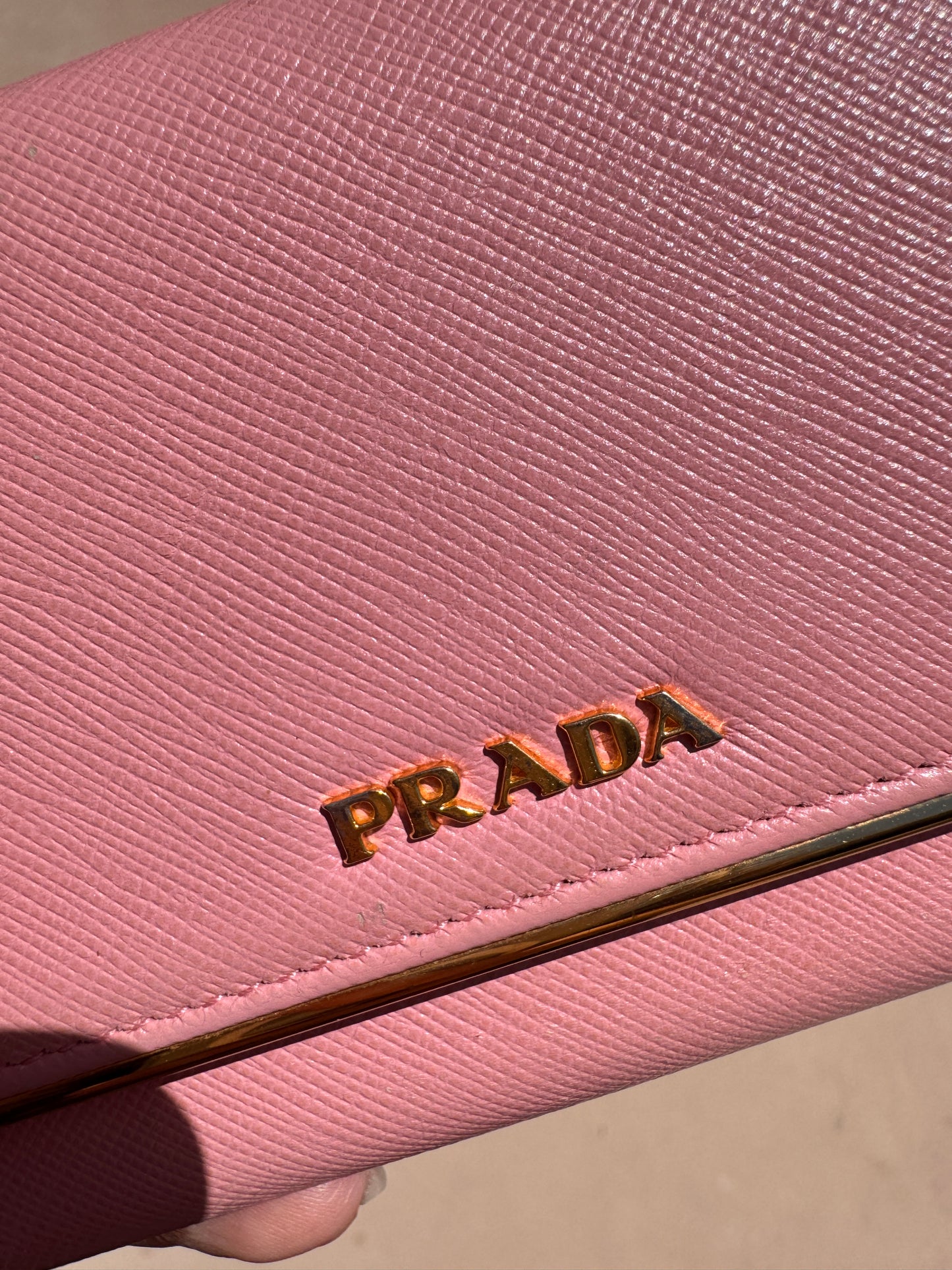 Pre-Owned Prada Saffiano Line Gold Logo Wallet On Chain Crossbody Bag