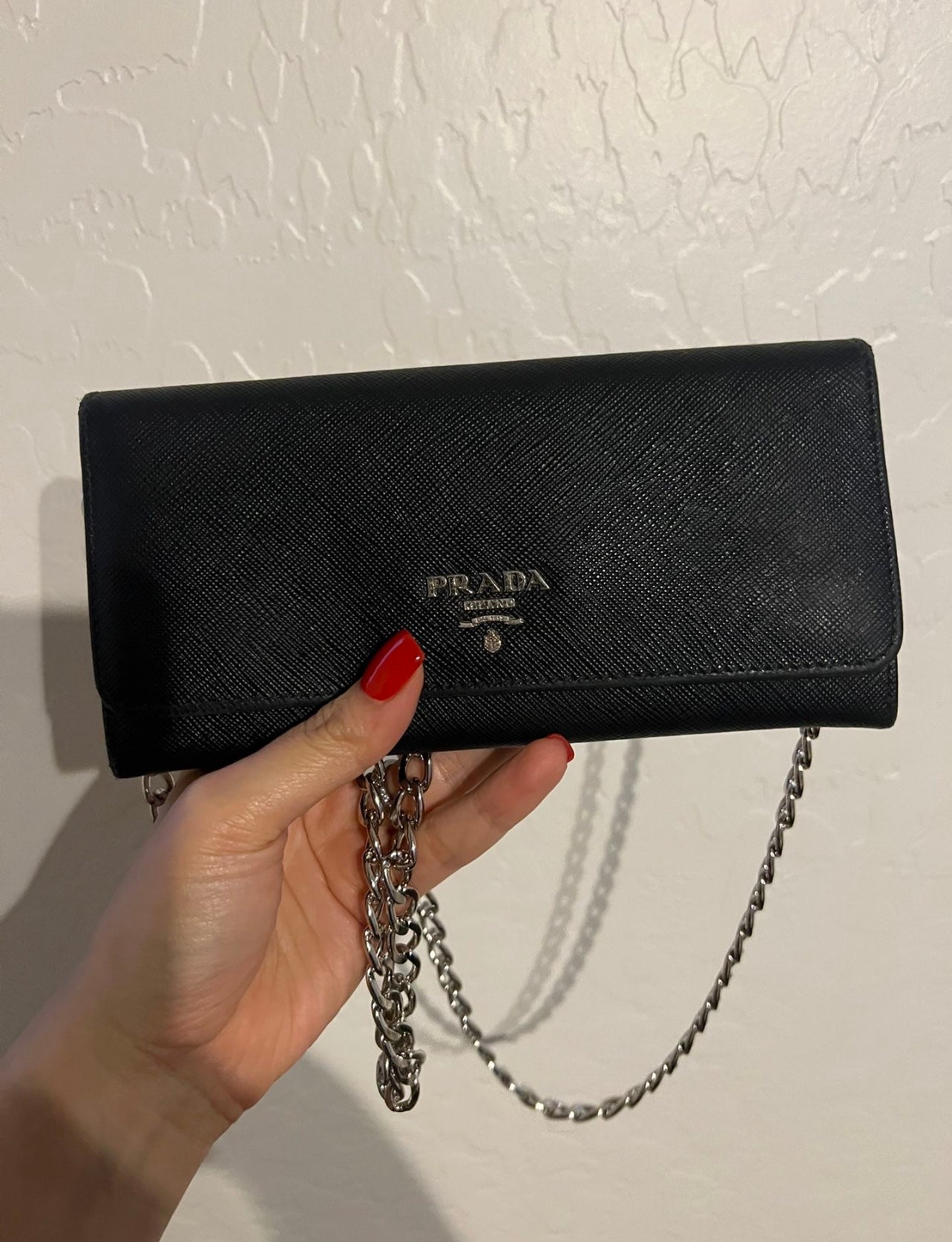 Pre-owned Prada Saffiano Leather Wallet On Chain