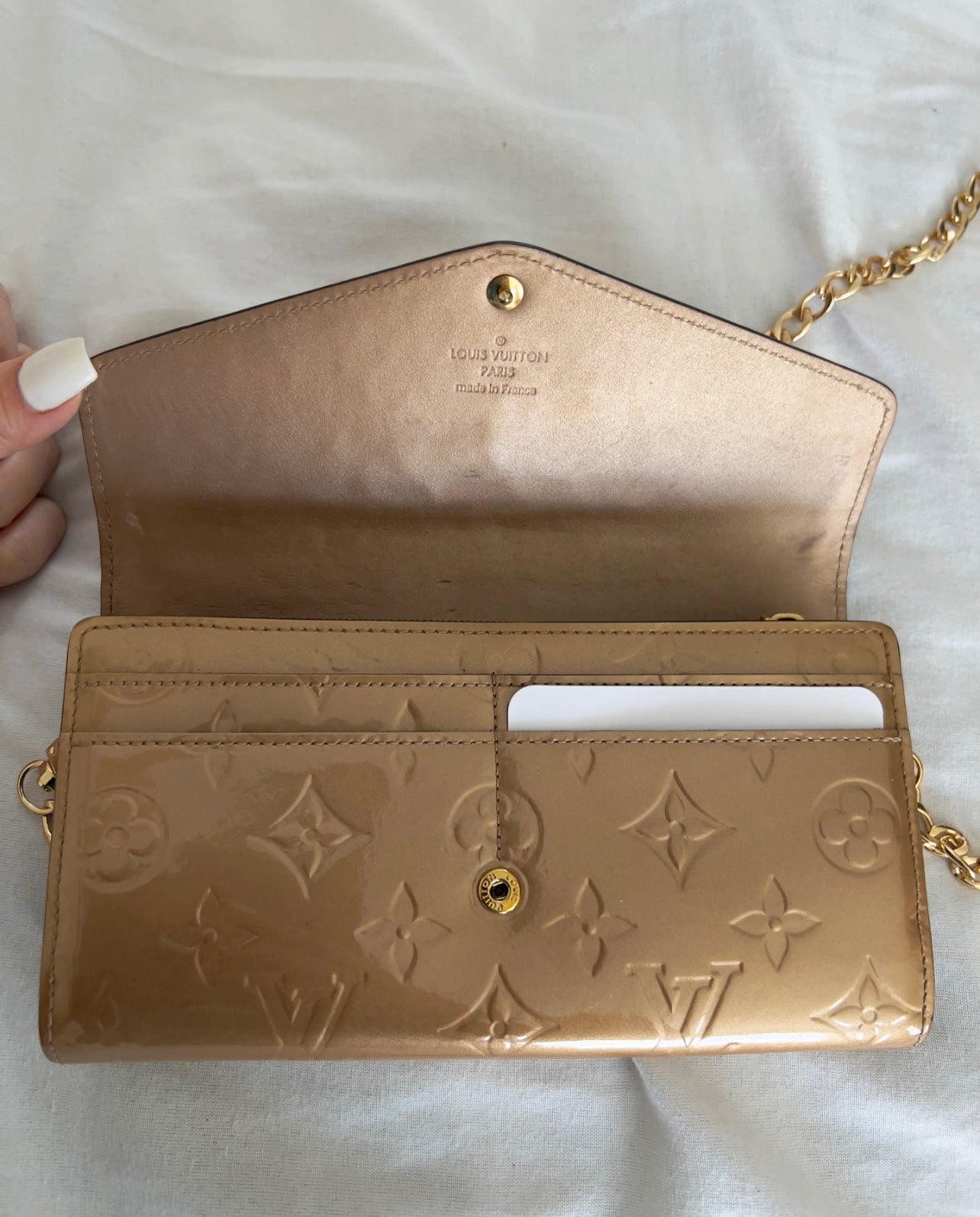 Pre-owned Louis Vuitton Vernis Sarah Wallet On Chain Crossbody Bag