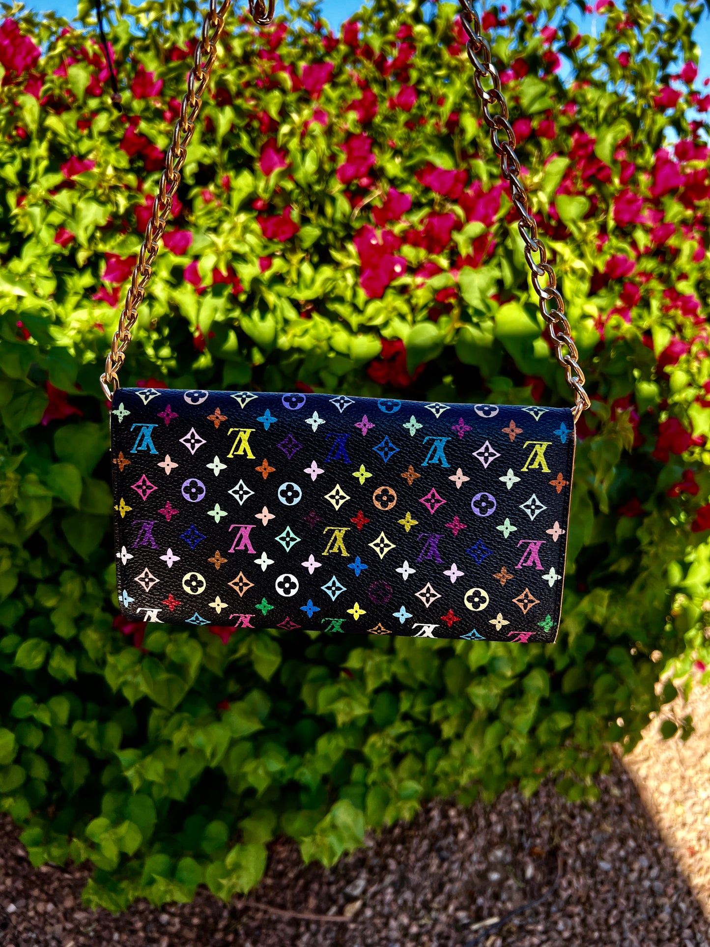 Pre-owned Louis Vuitton x Takashi Murakami Monogram Multicolor Black Sarah Wallet On Chain Crossbody Bag