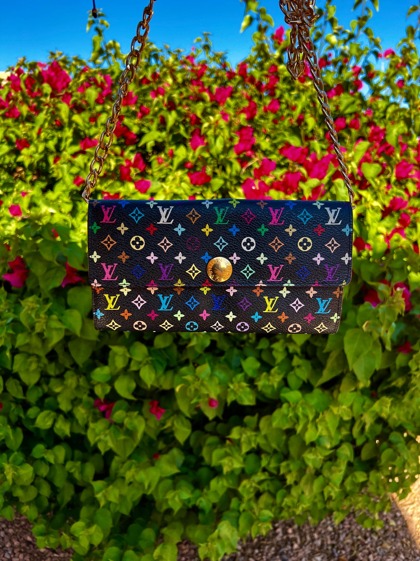 Pre-owned Louis Vuitton x Takashi Murakami Monogram Multicolor Black Sarah Wallet On Chain Crossbody Bag